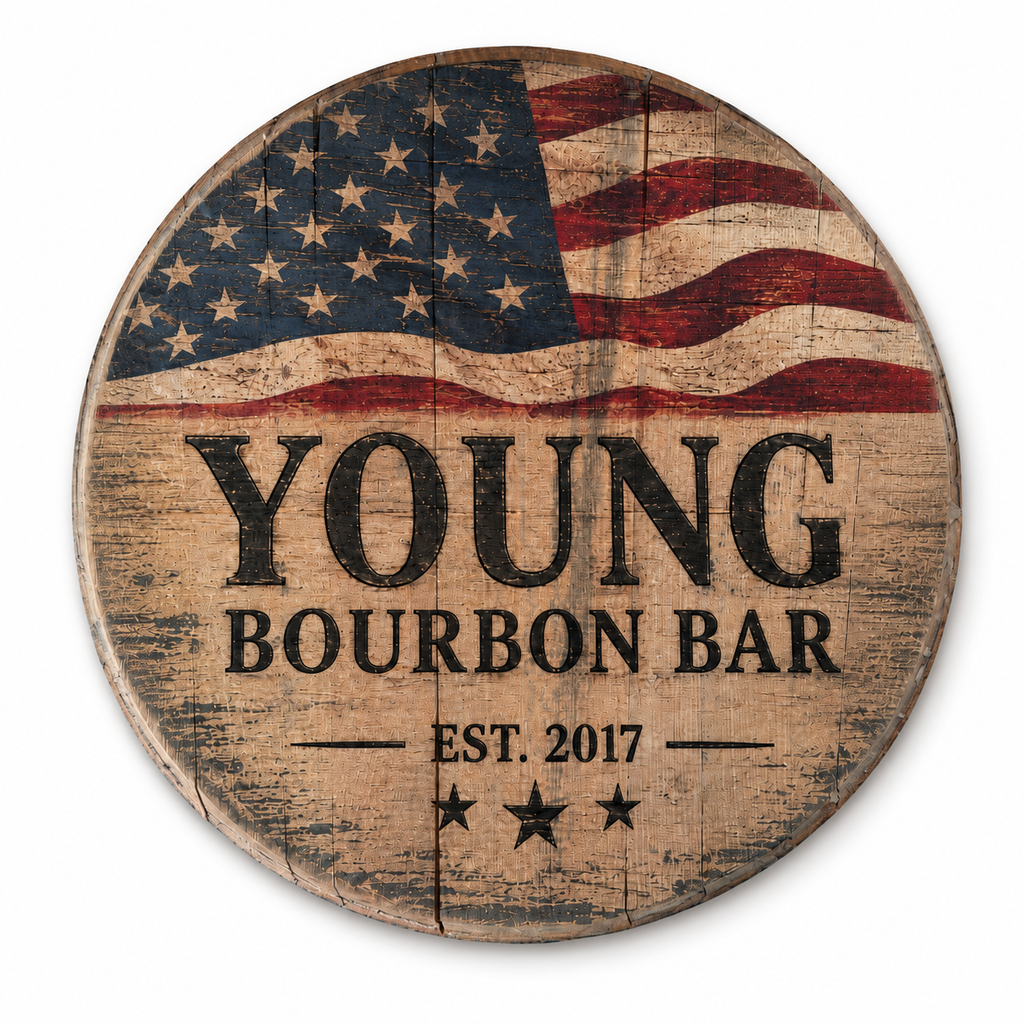 Personalized Bourbon Barrel Lid Sign, Custom Patriotic Bar Sign, American Flag Whiskey Bar Decor, Man Cave Wall Art, Bourbon Lover Gift