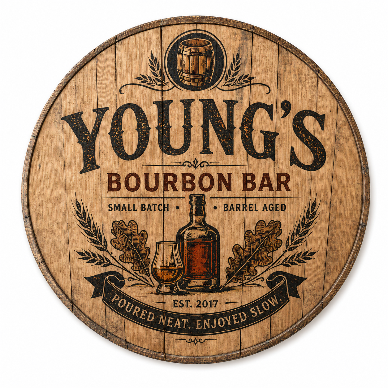 Personalized Bourbon Barrel Lid Sign, Custom Bourbon Bar Sign, Whiskey Bar Decor, Man Cave Wall Art, Rustic Home Bar Gift