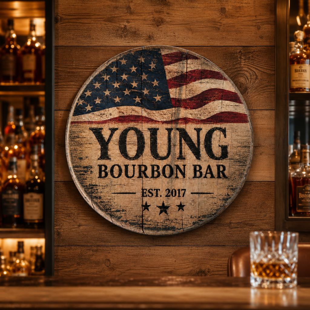 Personalized Bourbon Barrel Lid Sign, Custom Patriotic Bar Sign, American Flag Whiskey Bar Decor, Man Cave Wall Art, Bourbon Lover Gift