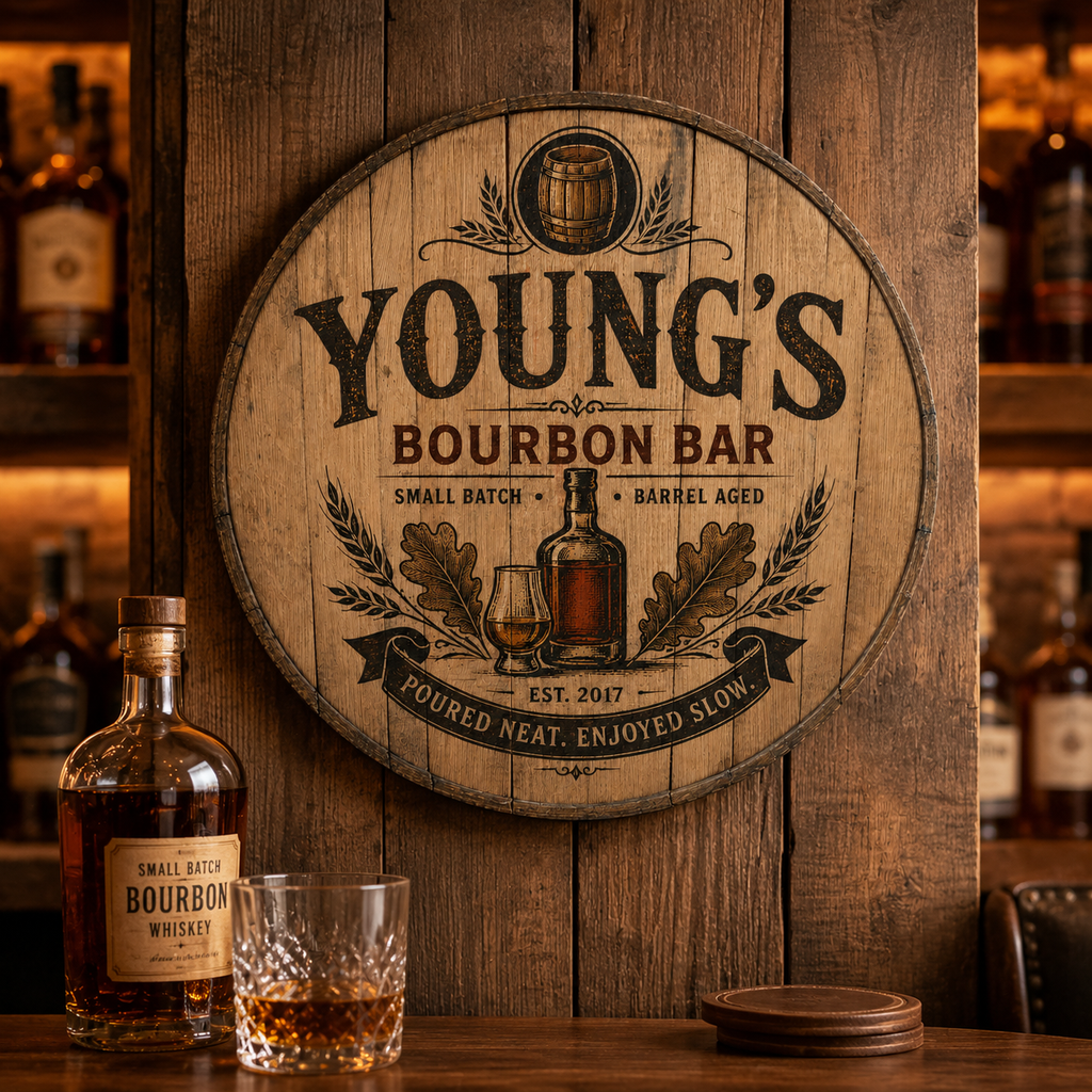 Personalized Bourbon Barrel Lid Sign, Custom Bourbon Bar Sign, Whiskey Bar Decor, Man Cave Wall Art, Rustic Home Bar Gift