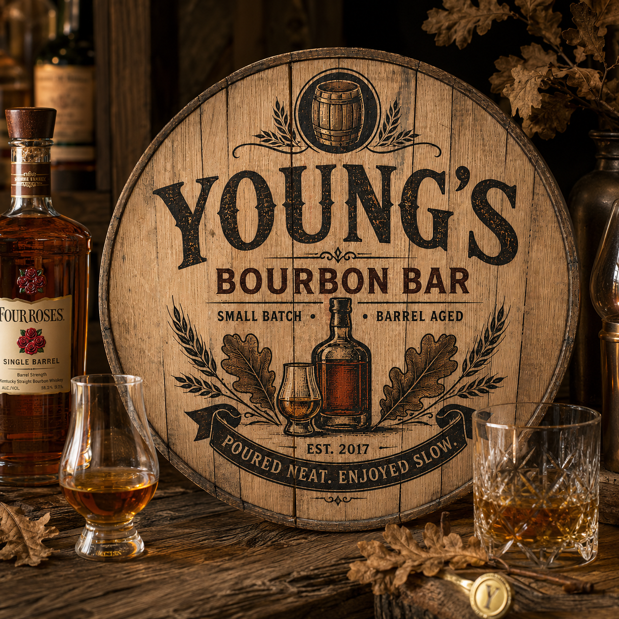 Personalized Bourbon Barrel Lid Sign, Custom Bourbon Bar Sign, Whiskey Bar Decor, Man Cave Wall Art, Rustic Home Bar Gift