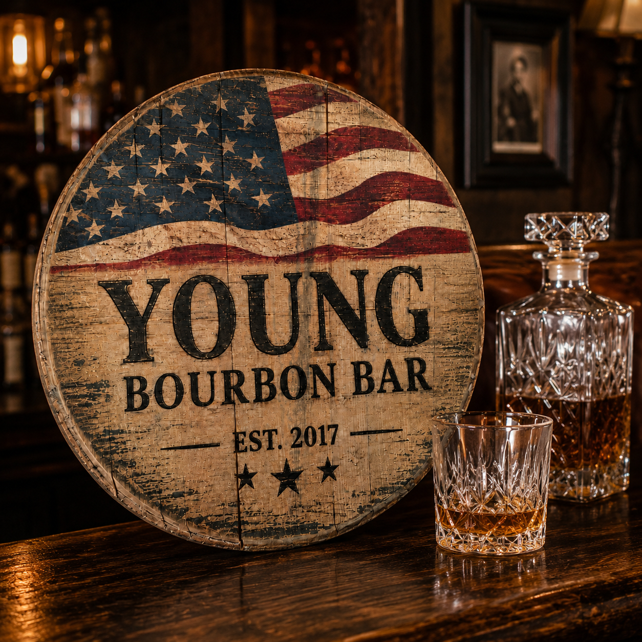 Personalized Bourbon Barrel Lid Sign, Custom Patriotic Bar Sign, American Flag Whiskey Bar Decor, Man Cave Wall Art, Bourbon Lover Gift