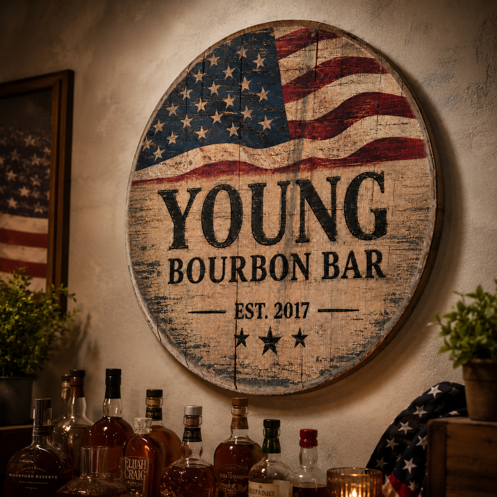 Personalized Bourbon Barrel Lid Sign, Custom Patriotic Bar Sign, American Flag Whiskey Bar Decor, Man Cave Wall Art, Bourbon Lover Gift