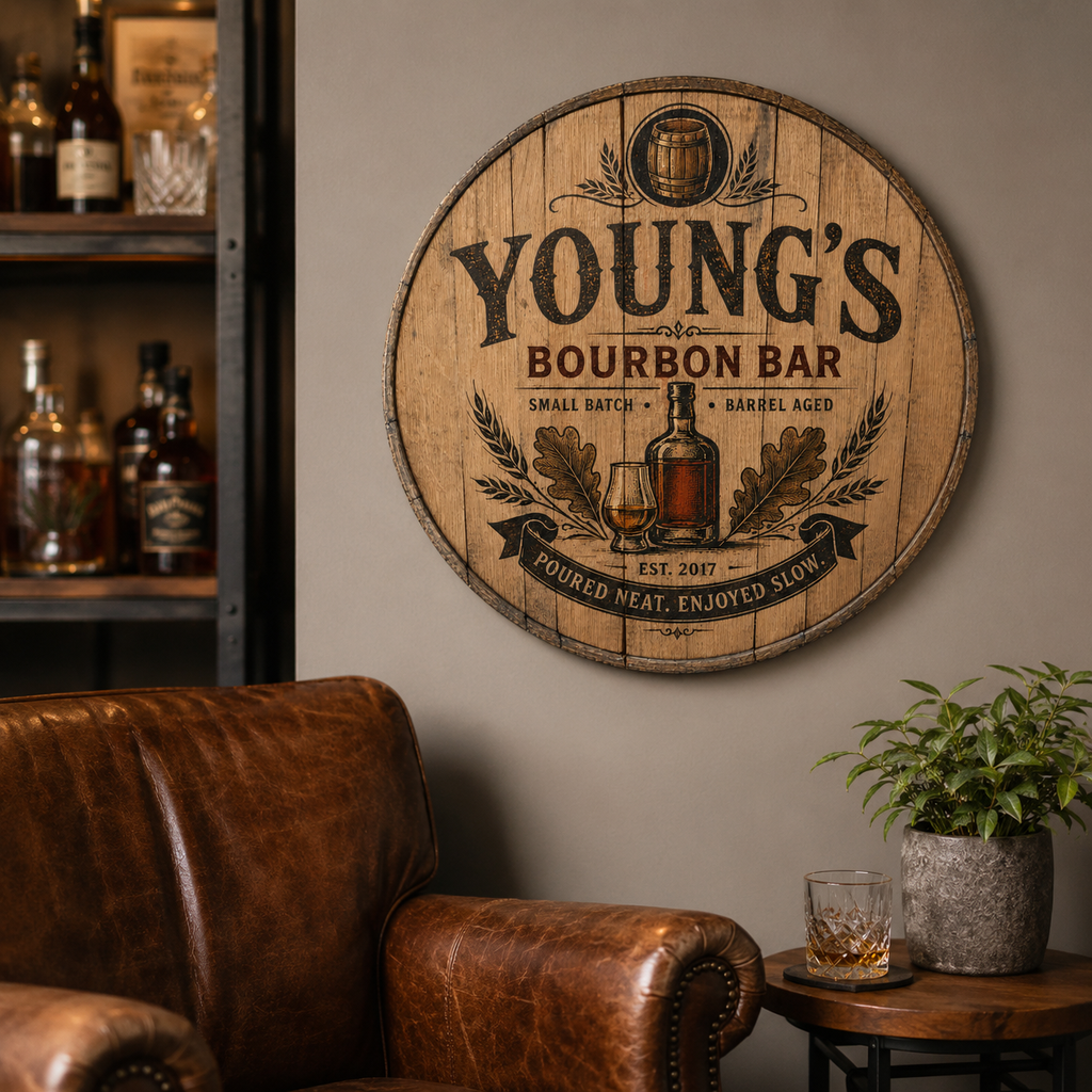 Personalized Bourbon Barrel Lid Sign, Custom Bourbon Bar Sign, Whiskey Bar Decor, Man Cave Wall Art, Rustic Home Bar Gift