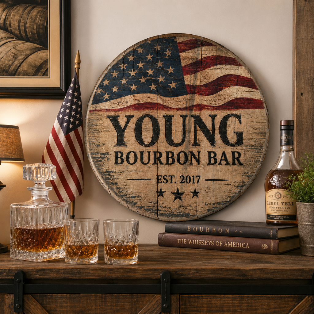 Personalized Bourbon Barrel Lid Sign, Custom Patriotic Bar Sign, American Flag Whiskey Bar Decor, Man Cave Wall Art, Bourbon Lover Gift