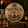 Personalized Bourbon Barrel Lid Sign, Custom Bourbon Bar Sign, Whiskey Bar Decor, Man Cave Wall Art, Rustic Home Bar Gift
