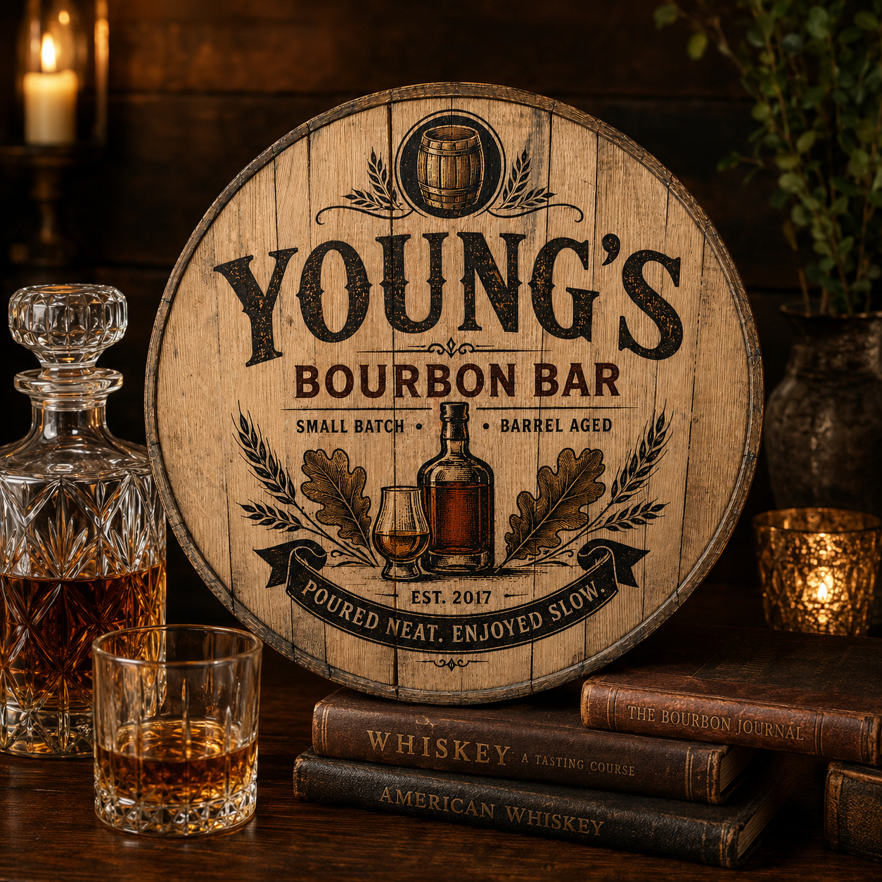 Personalized Bourbon Barrel Lid Sign, Custom Bourbon Bar Sign, Whiskey Bar Decor, Man Cave Wall Art, Rustic Home Bar Gift