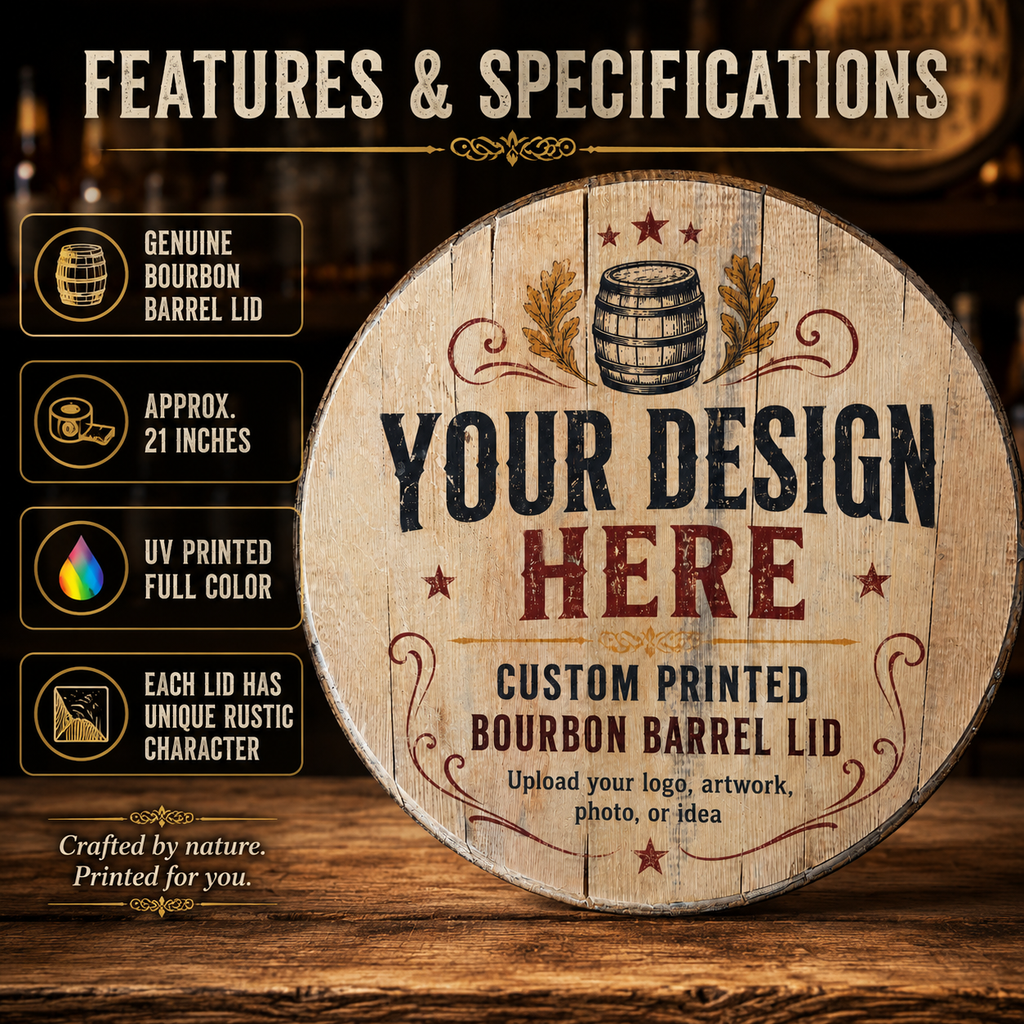Custom Bourbon Barrel Lid Sign, Your Design Here Barrel Head, Personalized Bar Sign, UV Printed Whiskey Barrel Lid, Man Cave Logo Sign