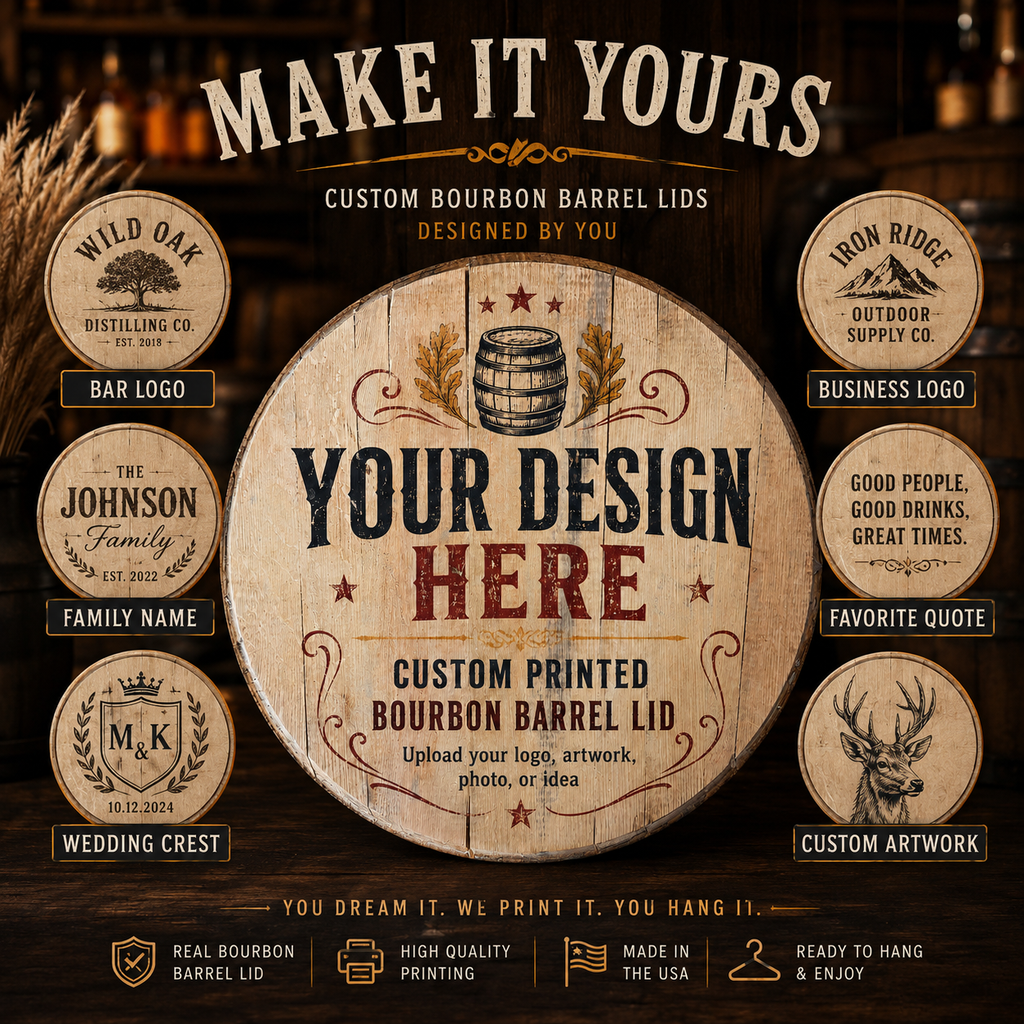 Promotional graphic for custom bourbon barrel lids with various design options and text.