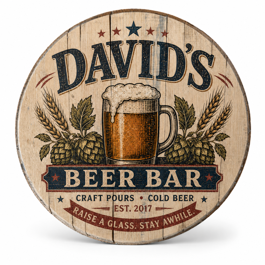Personalized Beer Bar Sign, Custom Barrel Lid Bar Sign, Craft Beer Wall Decor, Home Bar Pub Sign, Man Cave Gift, Rustic Beer Lover Gift