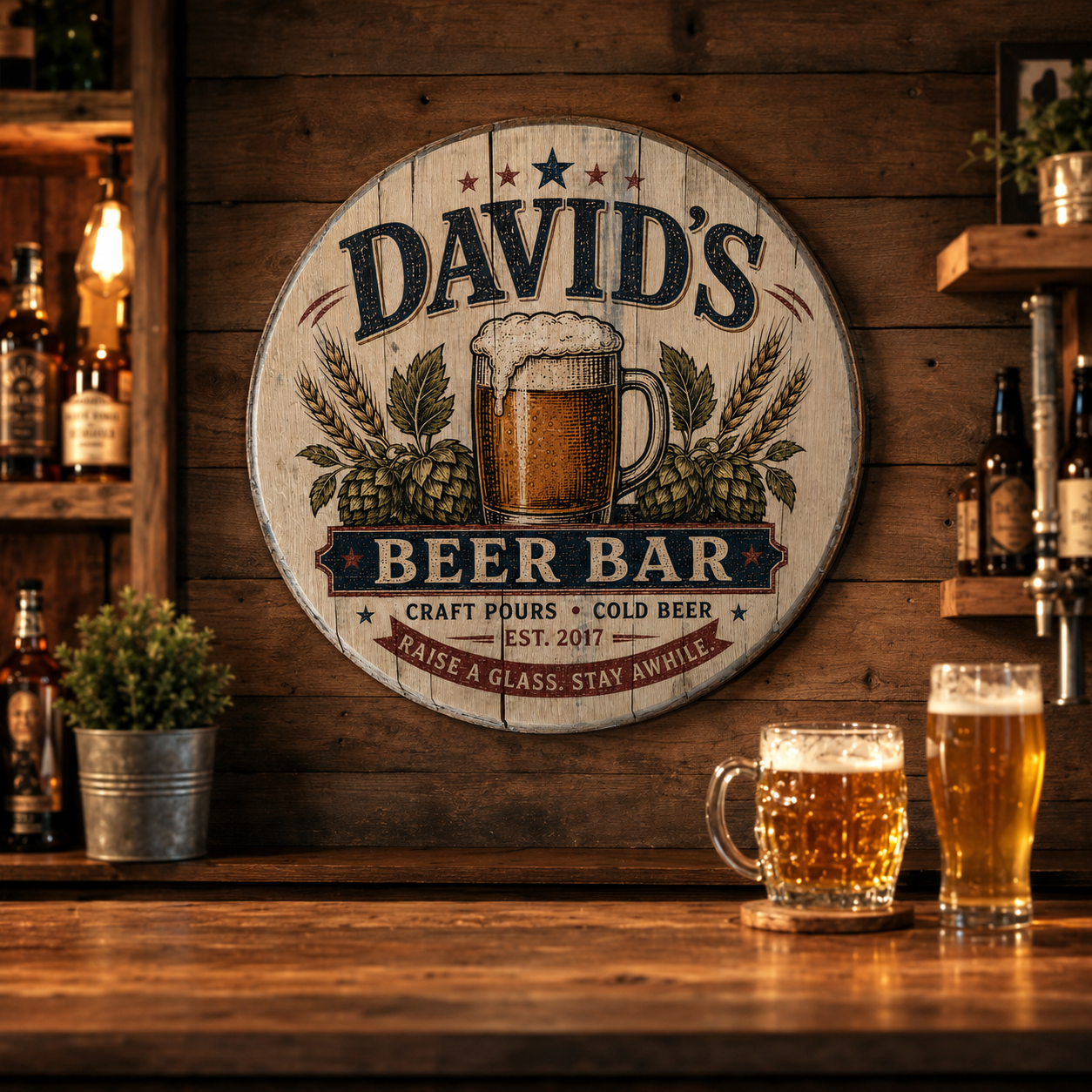 Personalized Beer Bar Sign, Custom Barrel Lid Bar Sign, Craft Beer Wall Decor, Home Bar Pub Sign, Man Cave Gift, Rustic Beer Lover Gift