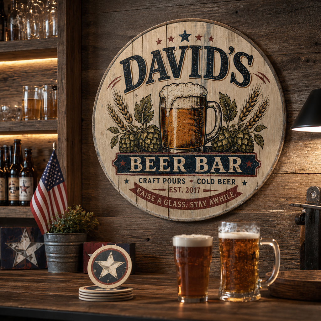 Personalized Beer Bar Sign, Custom Barrel Lid Bar Sign, Craft Beer Wall Decor, Home Bar Pub Sign, Man Cave Gift, Rustic Beer Lover Gift