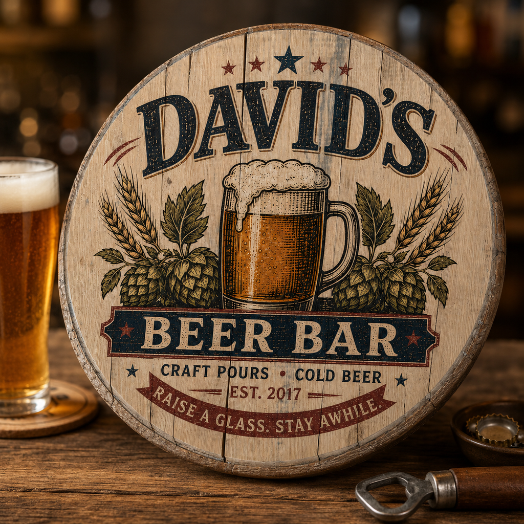 Personalized Beer Bar Sign, Custom Barrel Lid Bar Sign, Craft Beer Wall Decor, Home Bar Pub Sign, Man Cave Gift, Rustic Beer Lover Gift
