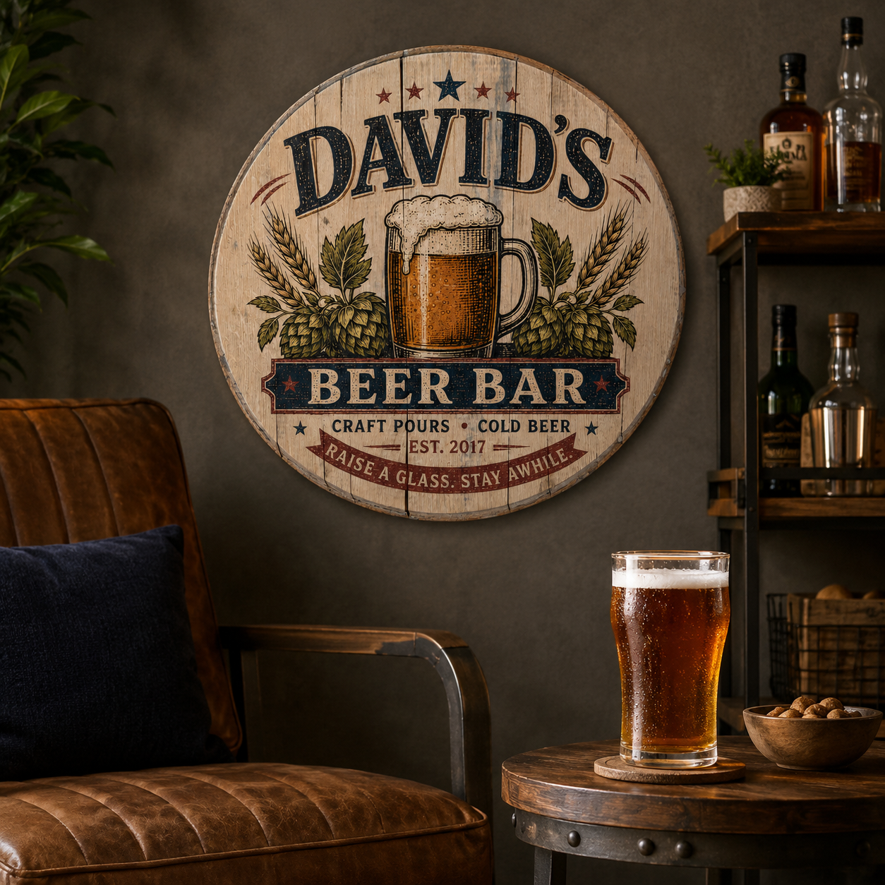 Personalized Beer Bar Sign, Custom Barrel Lid Bar Sign, Craft Beer Wall Decor, Home Bar Pub Sign, Man Cave Gift, Rustic Beer Lover Gift