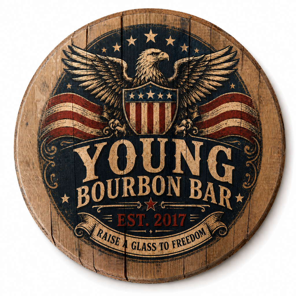 Personalized Bourbon Barrel Lid Sign, Custom Eagle Bourbon Bar Sign, Patriotic Whiskey Bar Decor, Americana Man Cave Wall Art, Bourbon Gift