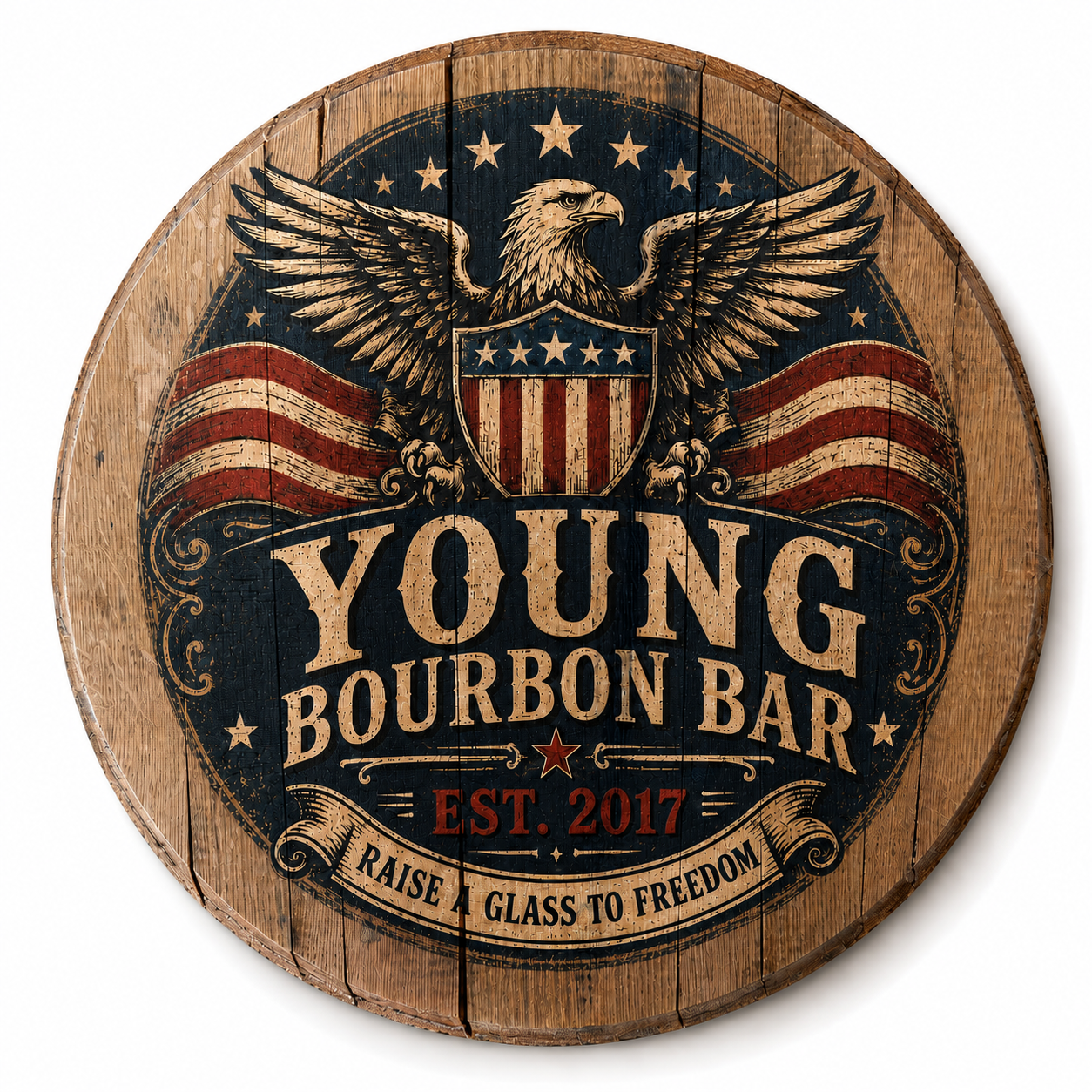 Personalized Bourbon Barrel Lid Sign, Custom Eagle Bourbon Bar Sign, Patriotic Whiskey Bar Decor, Americana Man Cave Wall Art, Bourbon Gift