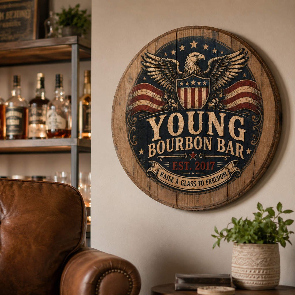 Personalized Bourbon Barrel Lid Sign, Custom Eagle Bourbon Bar Sign, Patriotic Whiskey Bar Decor, Americana Man Cave Wall Art, Bourbon Gift