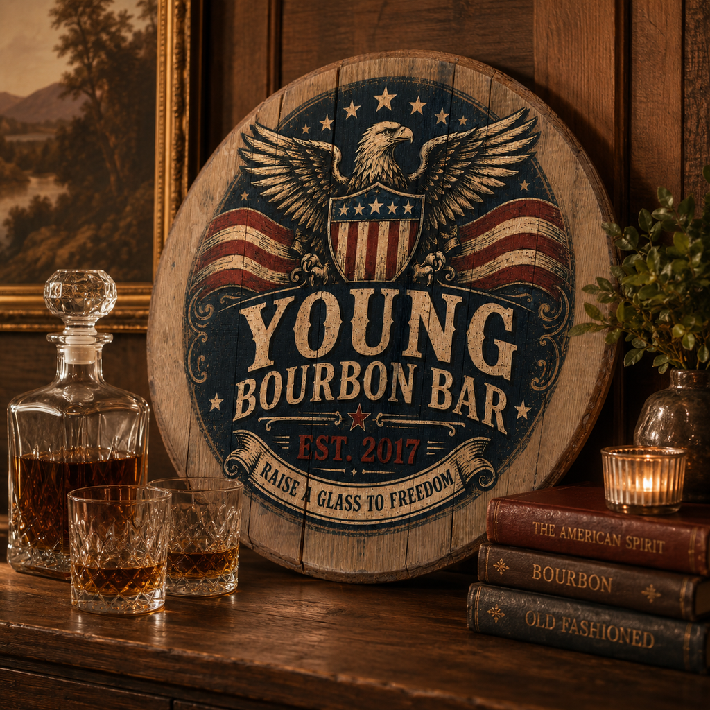 Personalized Bourbon Barrel Lid Sign, Custom Eagle Bourbon Bar Sign, Patriotic Whiskey Bar Decor, Americana Man Cave Wall Art, Bourbon Gift