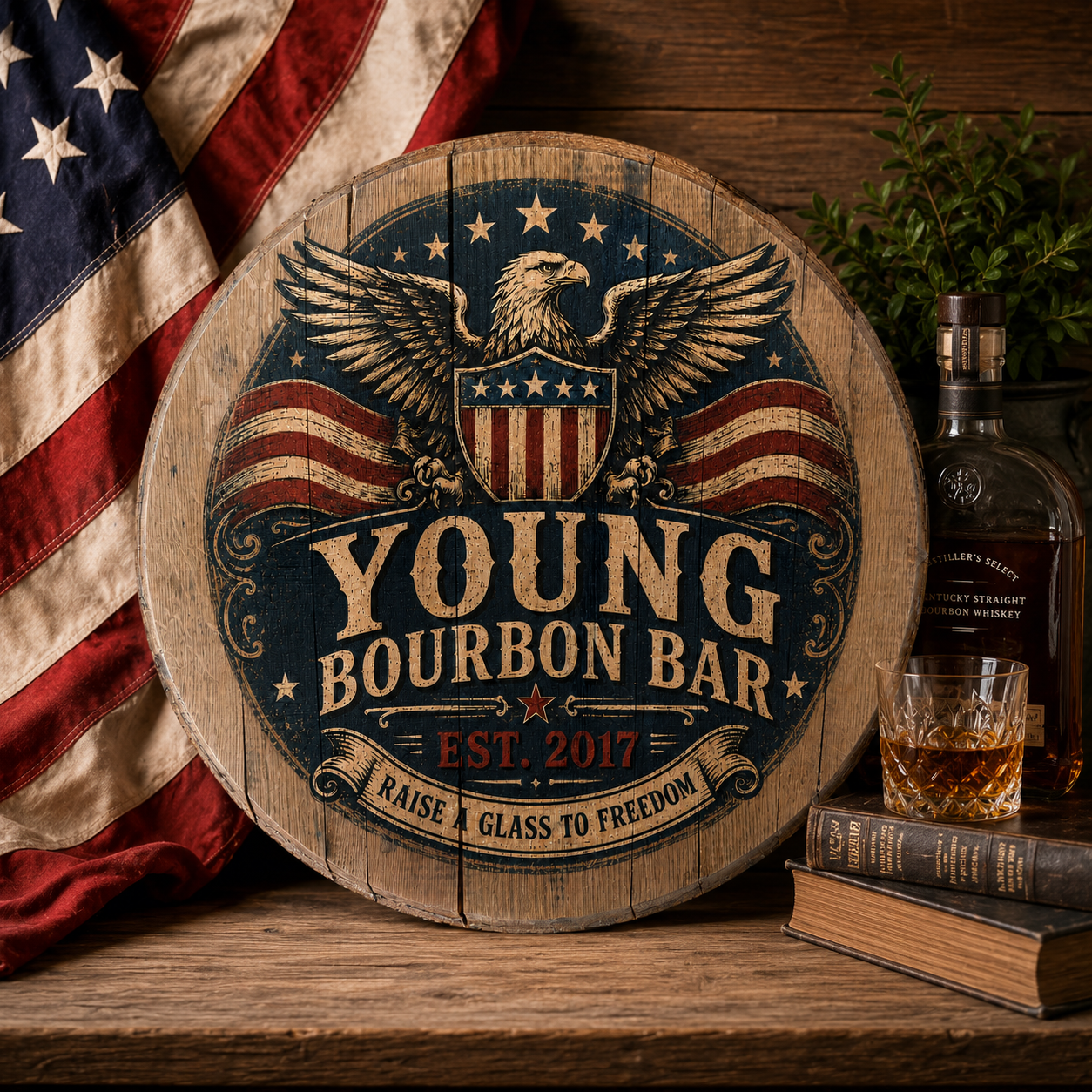 Personalized Bourbon Barrel Lid Sign, Custom Eagle Bourbon Bar Sign, Patriotic Whiskey Bar Decor, Americana Man Cave Wall Art, Bourbon Gift