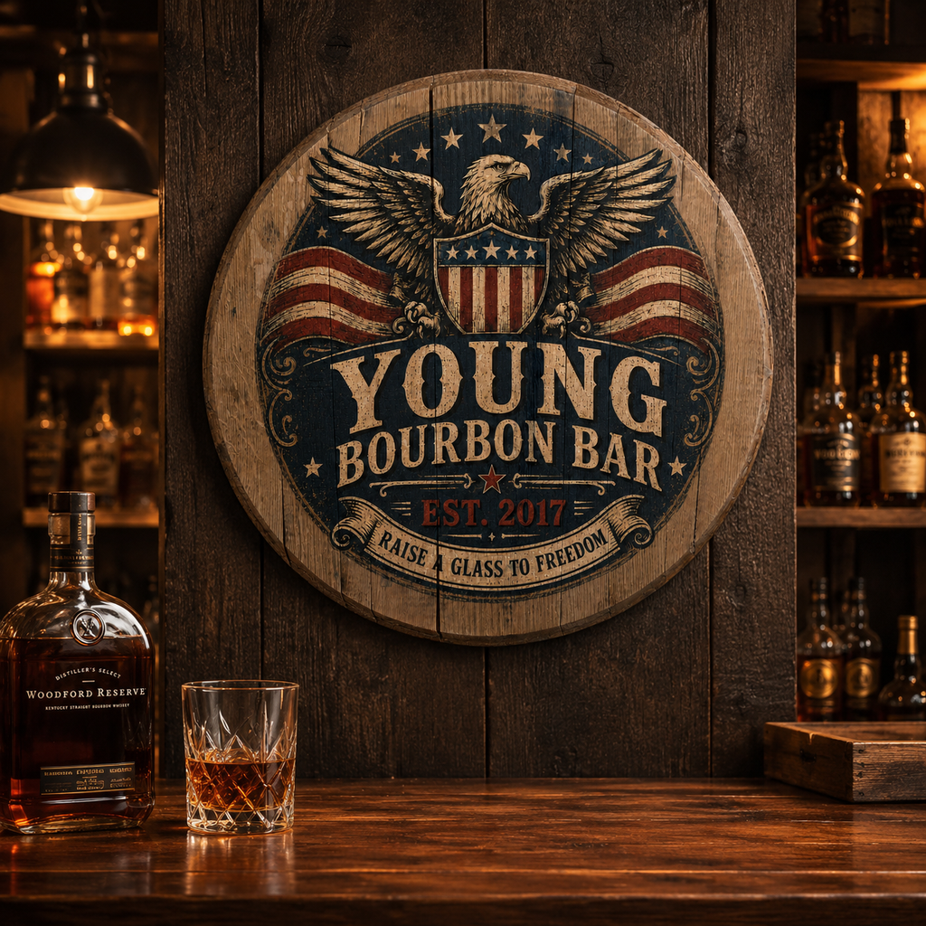 Personalized Bourbon Barrel Lid Sign, Custom Eagle Bourbon Bar Sign, Patriotic Whiskey Bar Decor, Americana Man Cave Wall Art, Bourbon Gift