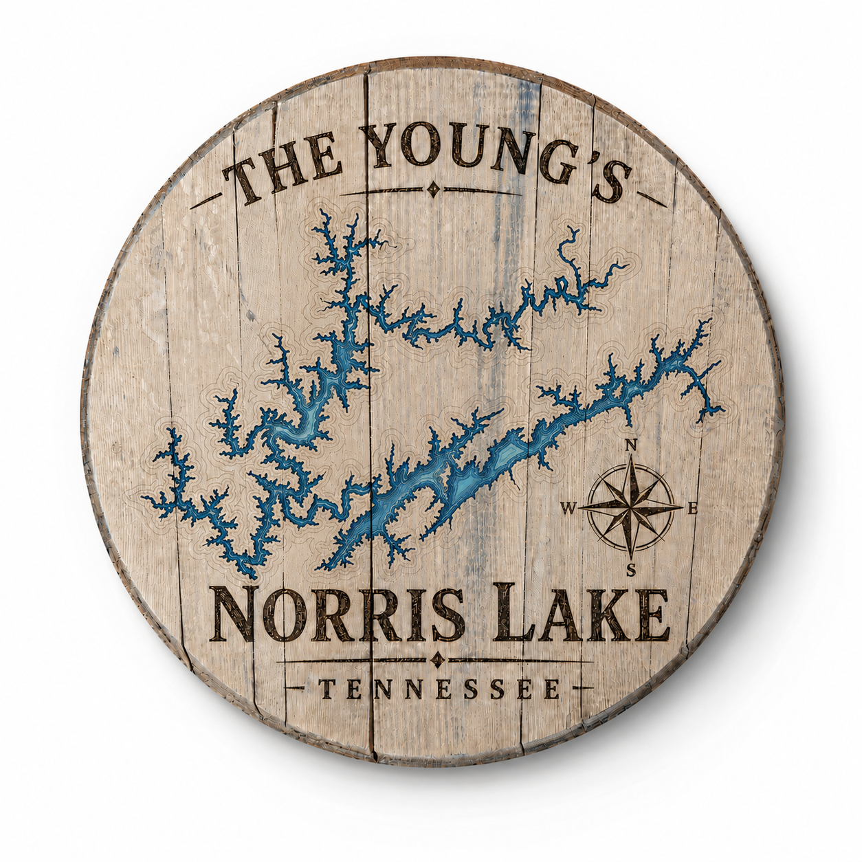Personalized Norris Lake Bourbon Barrel Lid Sign