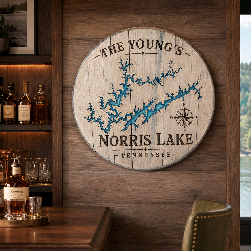 Personalized Norris Lake Bourbon Barrel Lid Sign
