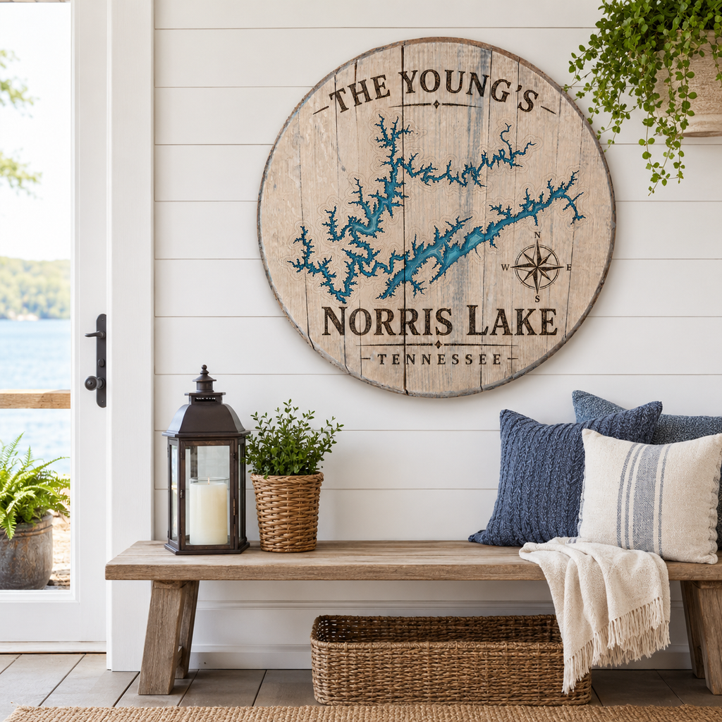 Personalized Norris Lake Bourbon Barrel Lid Sign