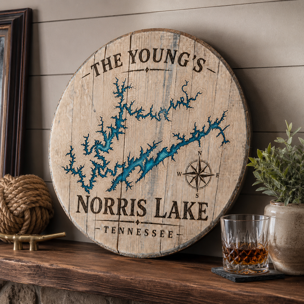 Personalized Norris Lake Bourbon Barrel Lid Sign