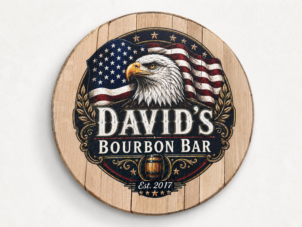 Personalized Bourbon Barrel Lid Sign | Custom Home Bar Decor | Patriotic Eagle Bourbon Bar Wall Art | Whiskey Barrel Man Cave Sign