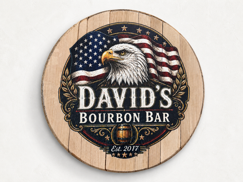 Personalized Bourbon Barrel Lid Sign | Custom Home Bar Decor | Patriotic Eagle Bourbon Bar Wall Art | Whiskey Barrel Man Cave Sign
