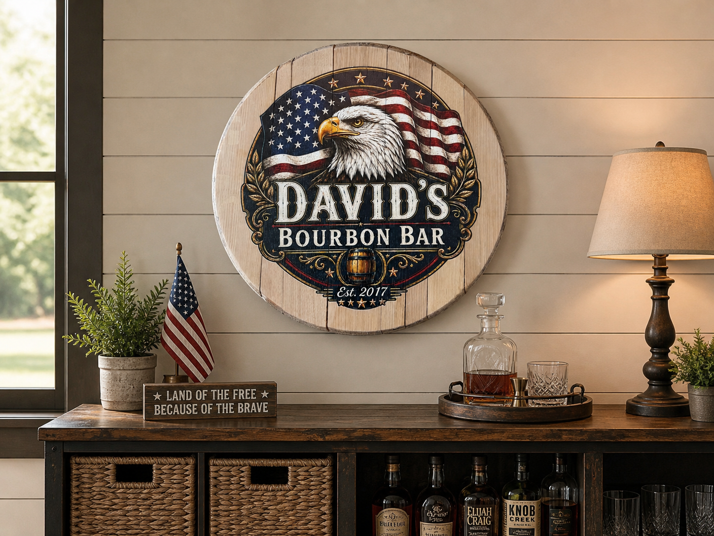 Personalized Bourbon Barrel Lid Sign | Custom Home Bar Decor | Patriotic Eagle Bourbon Bar Wall Art | Whiskey Barrel Man Cave Sign