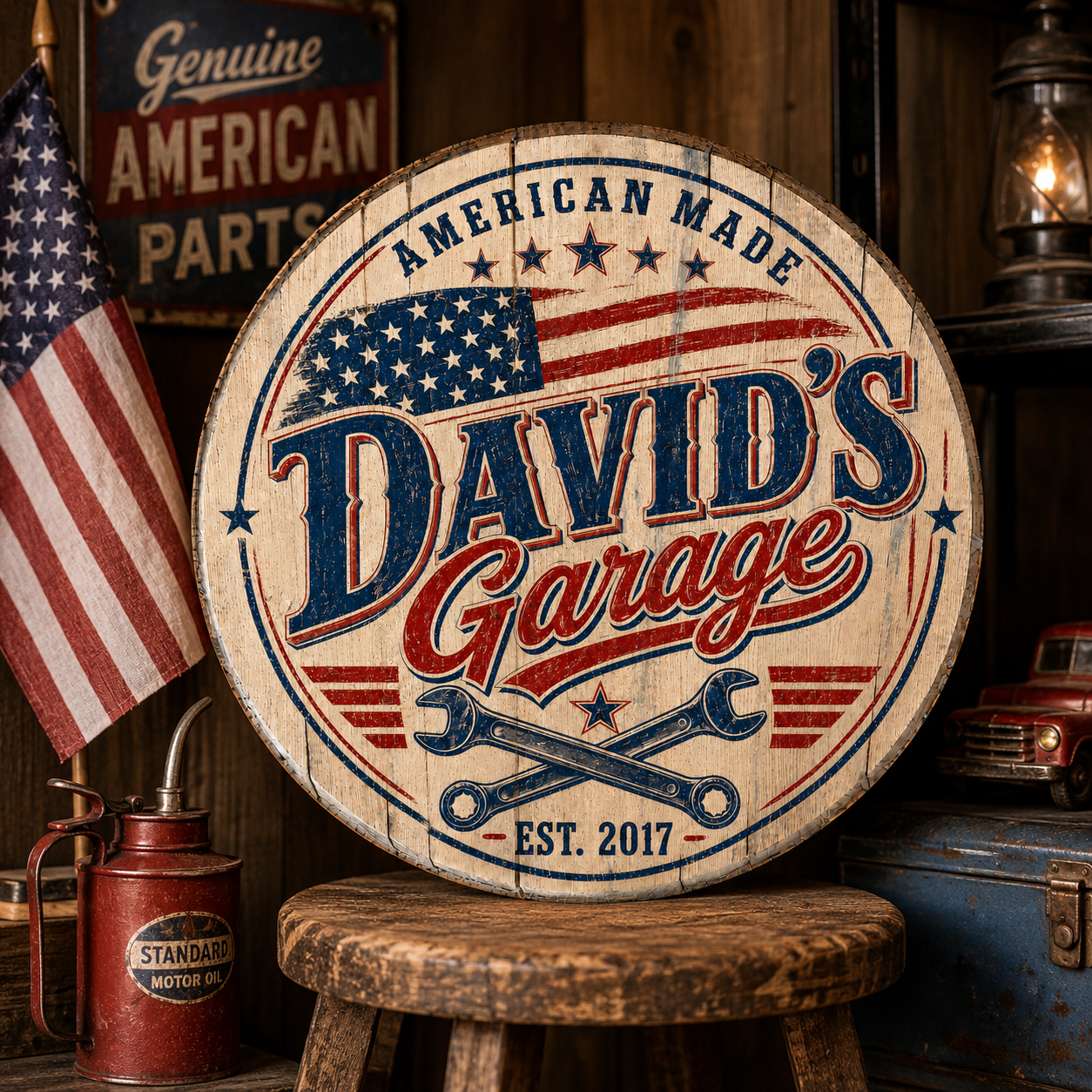 David's Garage personalized patriotic barrel lid sign styled with vintage Americana garage decor