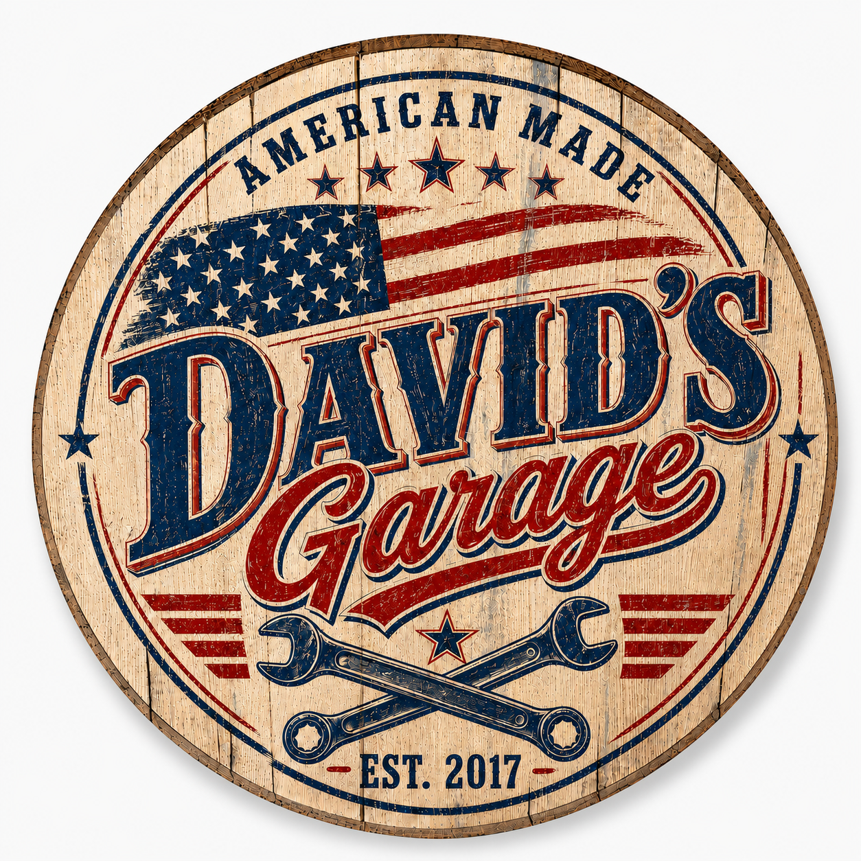 Personalized patriotic David's Garage bourbon barrel lid sign with EST. 2017