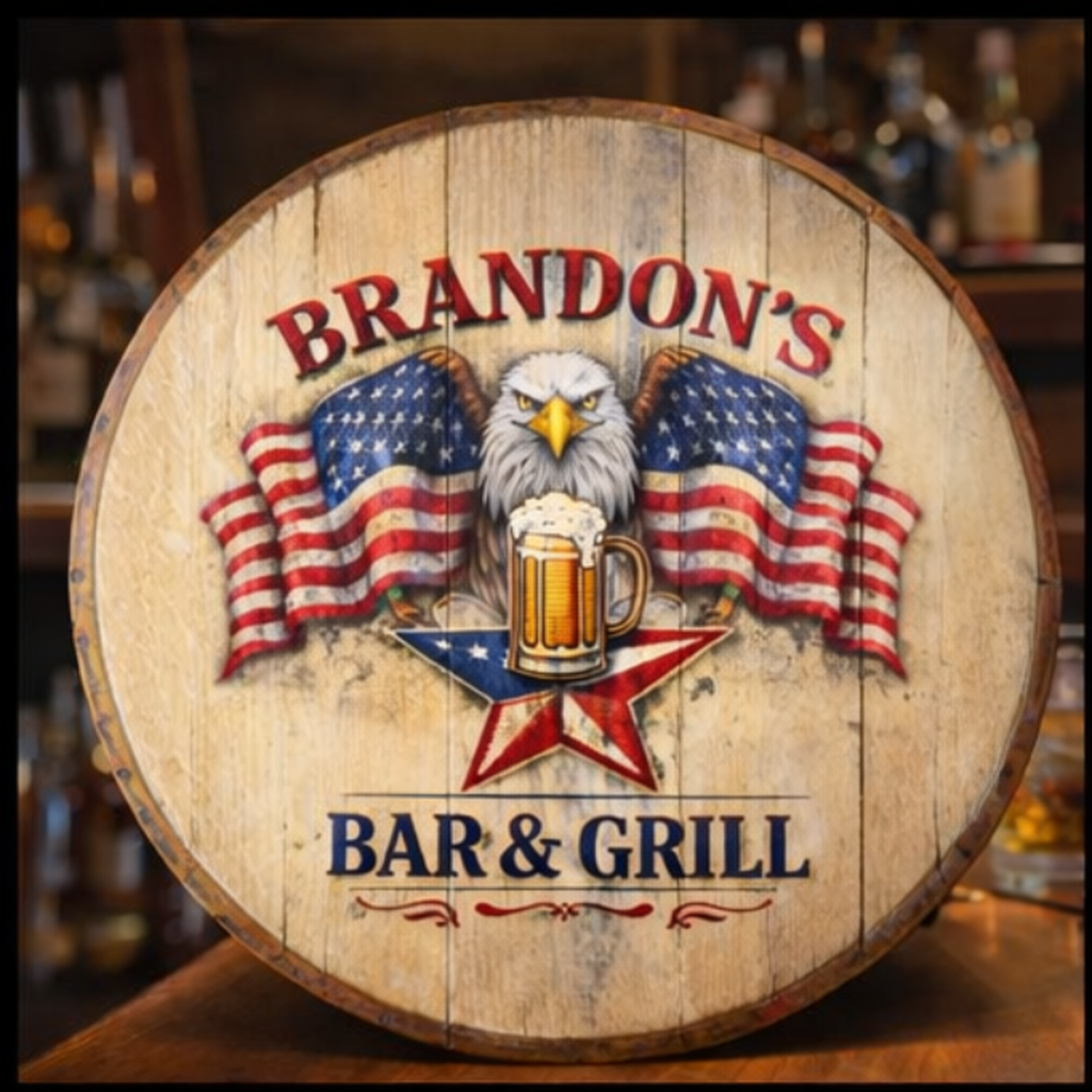 Personalized Bourbon Barrel Lid Bar Sign | Patriotic American Flag Home Bar Decor | Custom Man Cave Whiskey Sign | Gift for Him | Bar&Grill