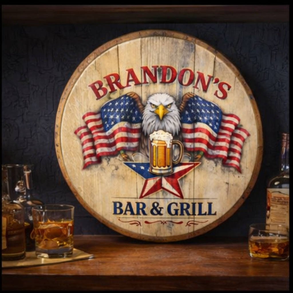 Personalized Bourbon Barrel Lid Bar Sign | Patriotic American Flag Home Bar Decor | Custom Man Cave Whiskey Sign | Gift for Him | Bar&Grill