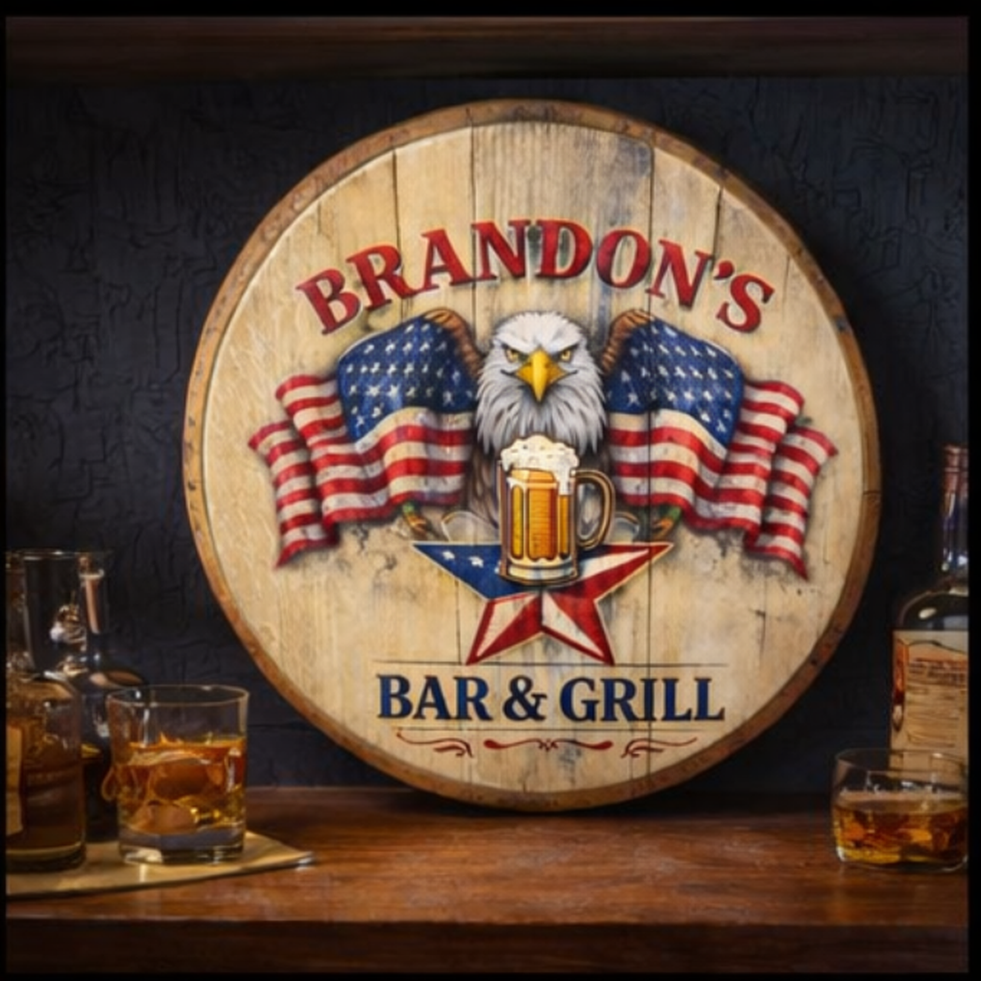 Personalized Bourbon Barrel Lid Bar Sign | Patriotic American Flag Home Bar Decor | Custom Man Cave Whiskey Sign | Gift for Him | Bar&Grill