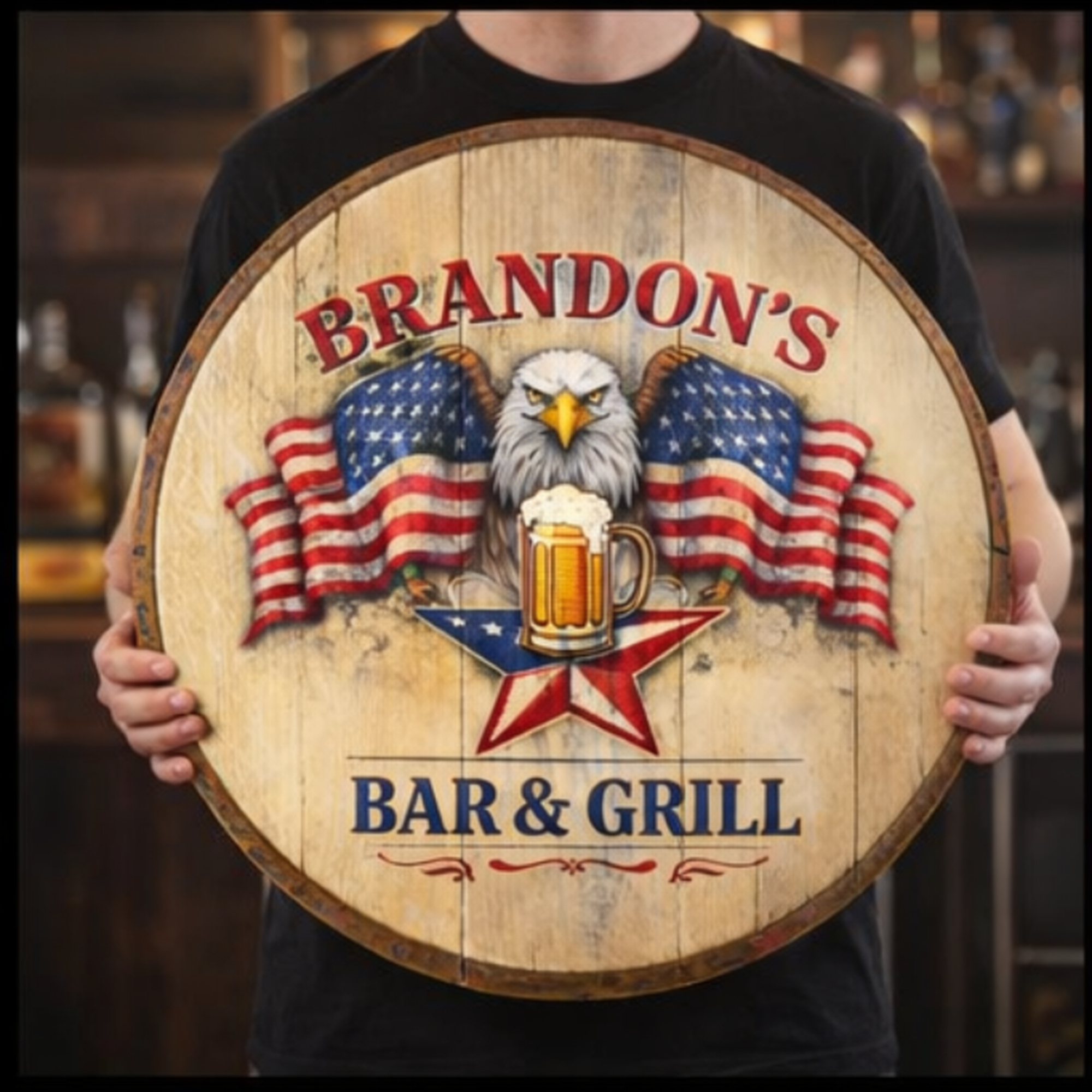 Personalized Bourbon Barrel Lid Bar Sign | Patriotic American Flag Home Bar Decor | Custom Man Cave Whiskey Sign | Gift for Him | Bar&Grill