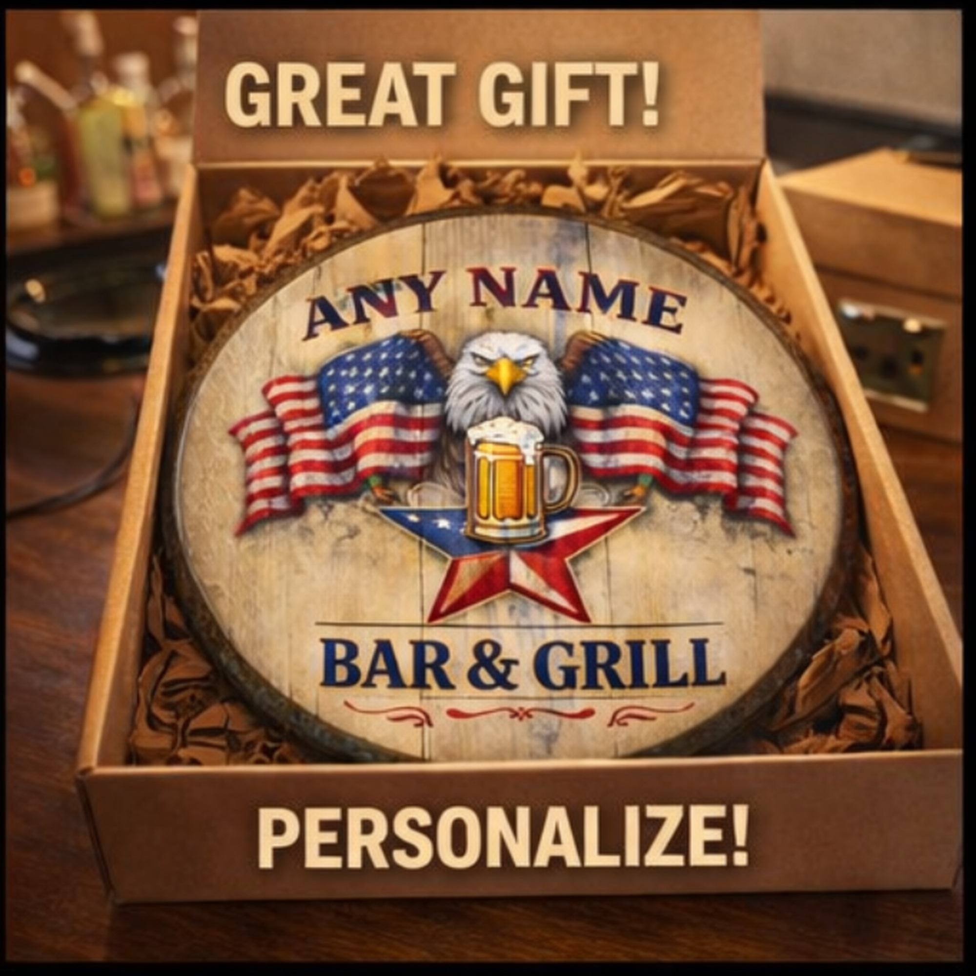 Personalized Bourbon Barrel Lid Bar Sign | Patriotic American Flag Home Bar Decor | Custom Man Cave Whiskey Sign | Gift for Him | Bar&Grill
