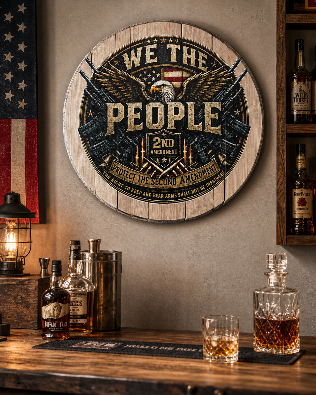 We The People 2nd Amendment Bourbon Barrel Lid Sign, Patriotic Home Bar Wall Decor, Rustic Man Cave Gift, UV Printed Eagle Art