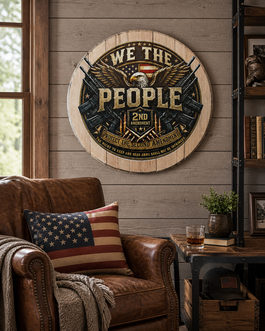 We The People 2nd Amendment Bourbon Barrel Lid Sign, Patriotic Home Bar Wall Decor, Rustic Man Cave Gift, UV Printed Eagle Art