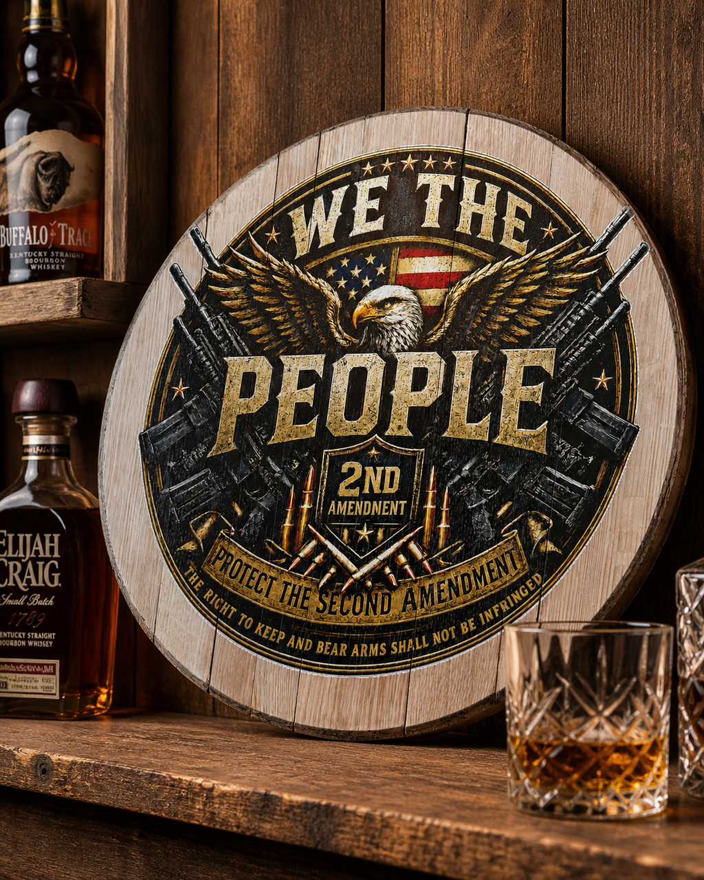 We The People 2nd Amendment Bourbon Barrel Lid Sign, Patriotic Home Bar Wall Decor, Rustic Man Cave Gift, UV Printed Eagle Art