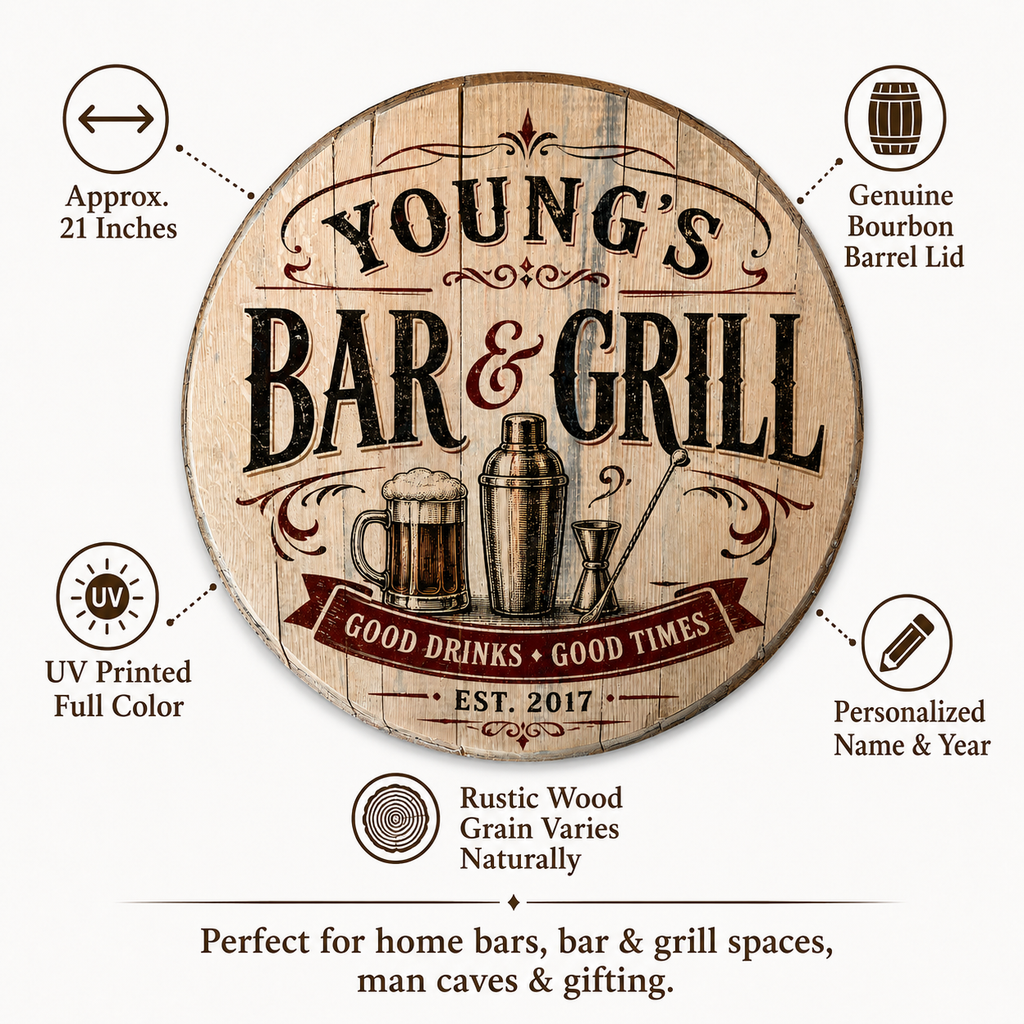 Personalized Bar and Grill bourbon barrel lid sign product details graphic