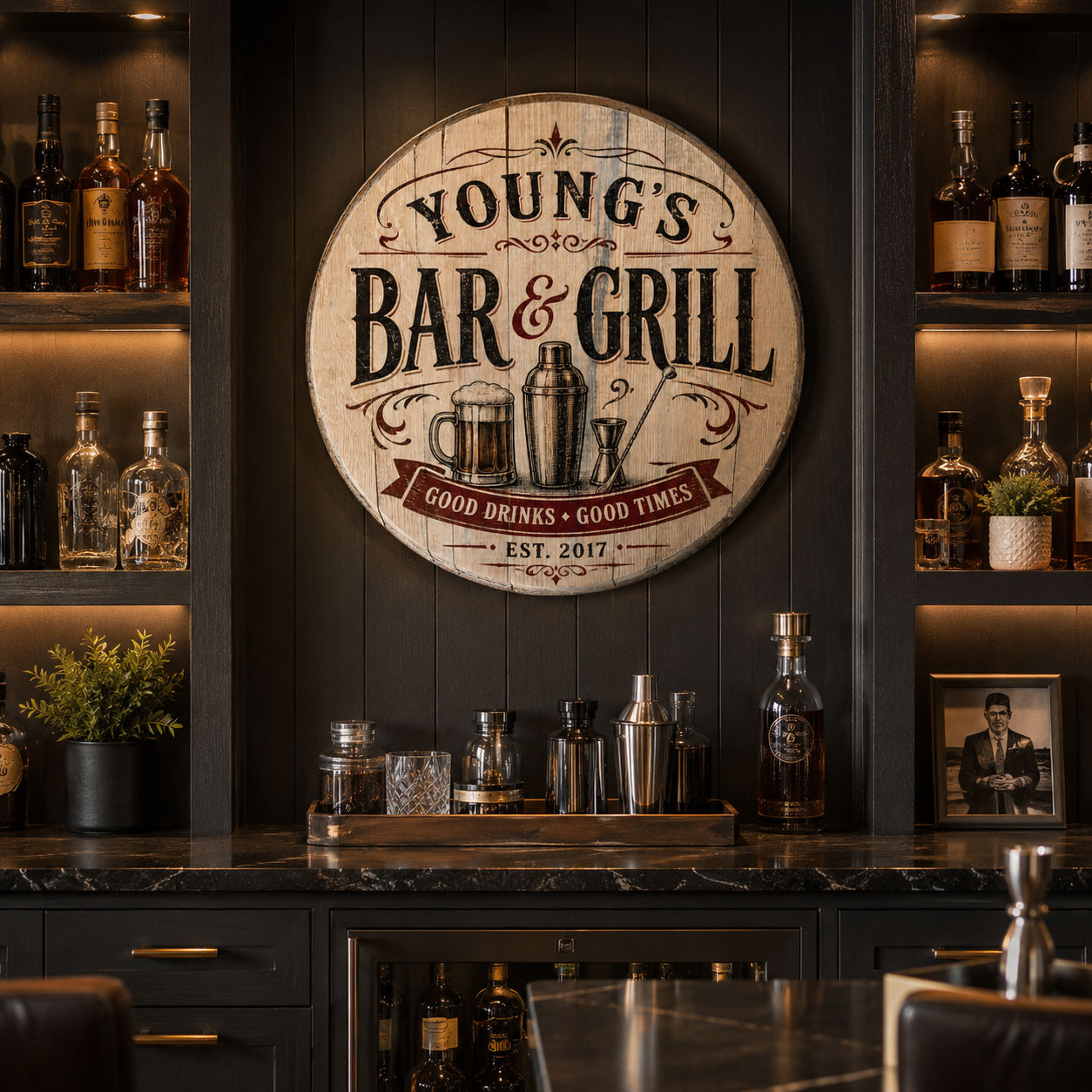 Personalized Bar and Grill bourbon barrel lid sign in a home bar setting