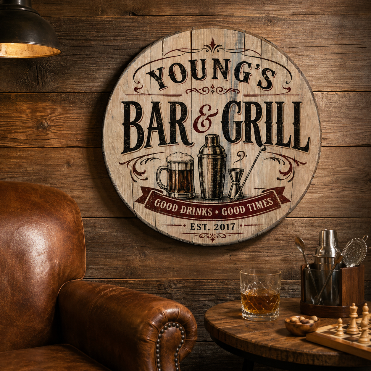 Personalized Bar and Grill bourbon barrel lid sign in a rustic lounge