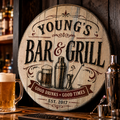 Personalized Bar and Grill bourbon barrel lid sign with vintage pub artwork