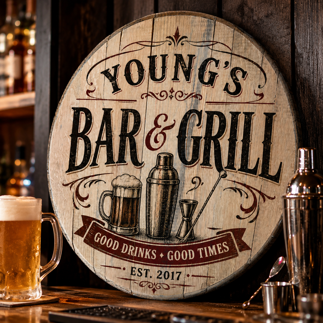 Personalized Bar and Grill bourbon barrel lid sign with vintage pub artwork
