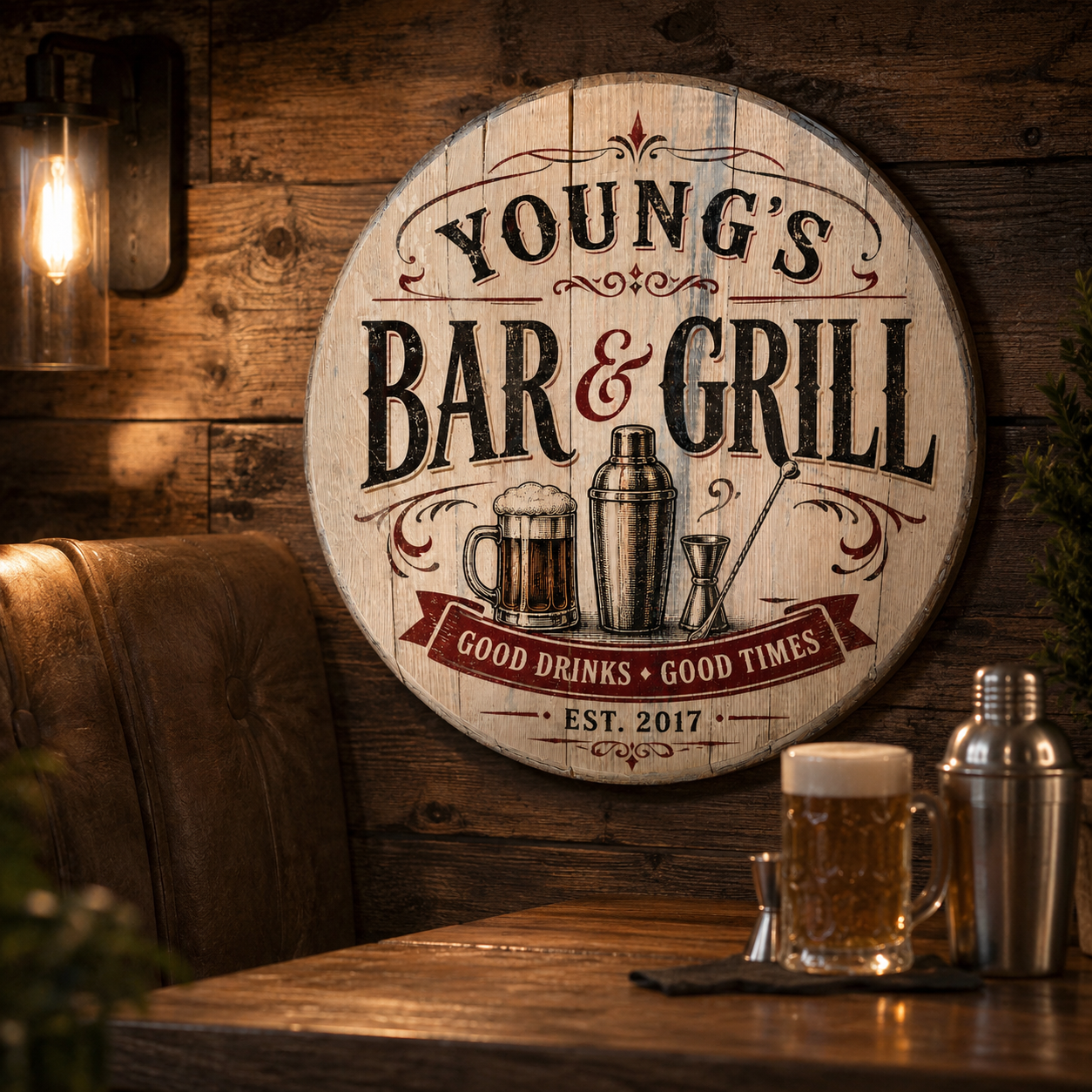 Personalized Bar and Grill bourbon barrel lid sign displayed in a cozy pub interior
