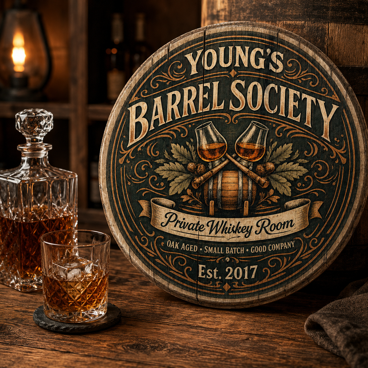 Close up of personalized Barrel Society bourbon barrel lid sign with whiskey artwork