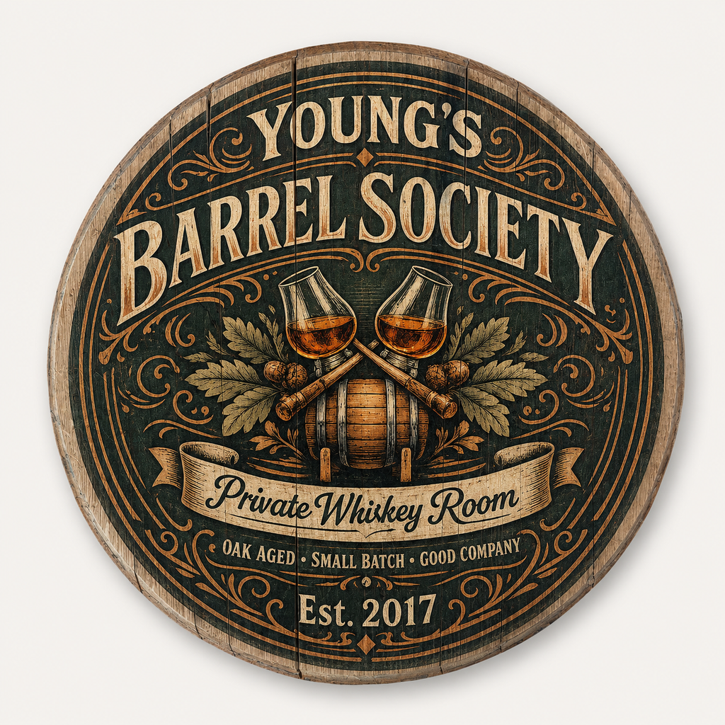 Personalized Barrel Society bourbon barrel lid sign with private whiskey room artwork