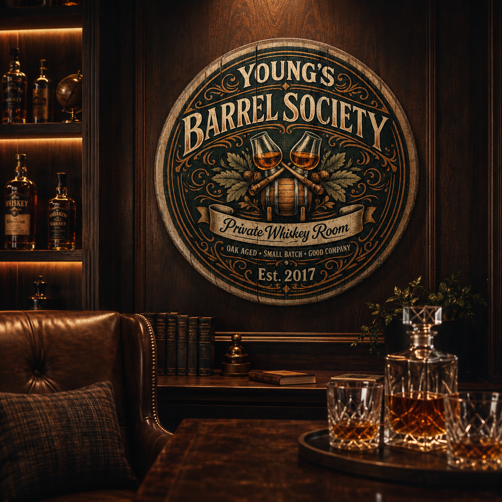 Personalized Barrel Society bourbon barrel lid sign in a private whiskey room setting